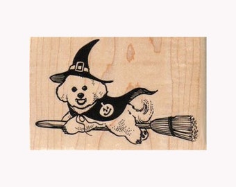 Bichon Witch On Broom RUBBER STAMP, Dog In Costume Stamp, Witch Stamp, Bichon Stamp, Halloween Costume Stamp, Dog Stamp, Dog Witch Stamp