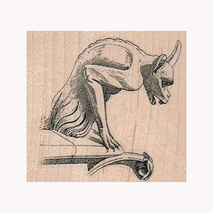 May include: A black and white illustration of a gargoyle perched on a building. The gargoyle has a long, pointed tail and a large, open mouth.