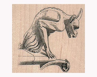 Gargoyle On Rooftop RUBBER STAMP, Gargoyle Stamp, Mystical Creature Stamp, Rooftop Stamp, Notre Dame, Gargoyle Looking Over Ledge, Griffin