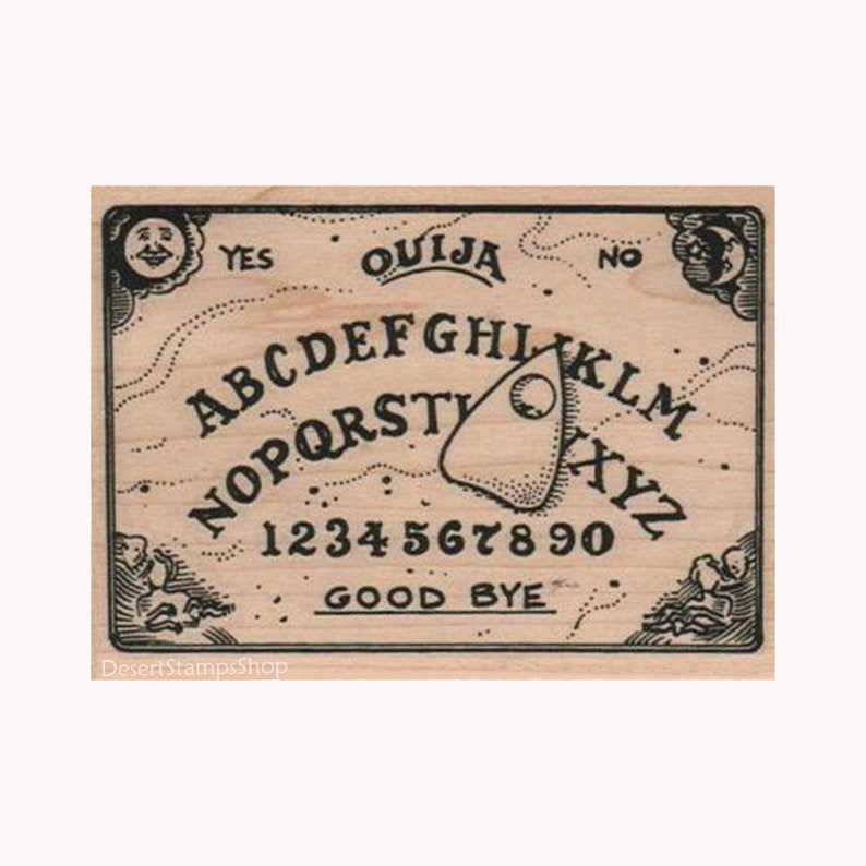 May include: A wooden Ouija board with black lettering and a planchette. The board features the alphabet, numbers, and the words "YES", "NO", "GOOD BYE", and "Ouija". Decorative illustrations are in each corner.