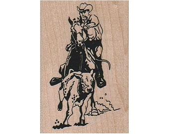 Cowboy Chasing Calf RUBBER STAMP, Cowboy Stamp, Cattle Stamp, Cattle Rustling Stamp, Cowboy and Horse Stamp, Horse Stamp, Cowboy Chasing