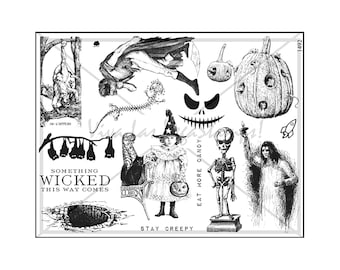 Colección de Halloween: Placa de sello de goma sin montar, sello de esqueleto, sello de malvado, sello de bruja, sello de monstruo, sello de calabaza, Halloween