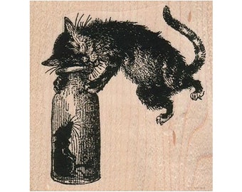 Cat & Mouse In Bottle RUBBER STAMP, Cat Stamp, Cat Lover Gift, Cats Stamp, Kitty Stamp, Kitten Stamp, Cat Lover Gifts Stamp, Feline Stamp