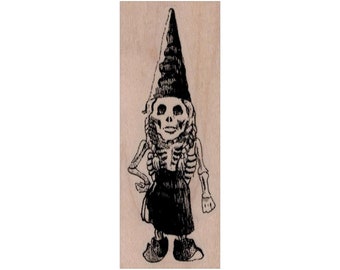 Lady Gnome Skeleton RUBBER STAMP, Garden Gnome Stamp, Gnome Stamp, Gnomes Stamp, Elves Stamp, Elf Stamp, Fantasy Stamp, Skeleton Stamp