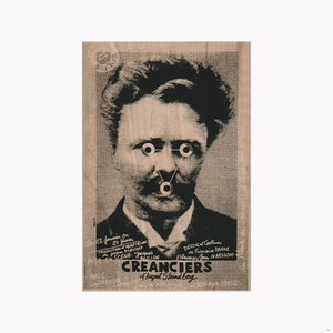 Selo de borracha Creanciers, selo francês, selo Steampunk francês, selo Steampunk Man, selo Steampunk Vintage Man, mídia mista, anúncio vintage