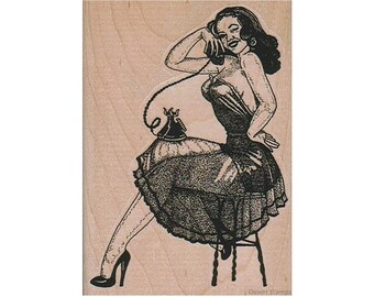 Pin-upgirl op telefoon RUBBER STEMPEL, vrouwenstempel, damesstempel, damesstempel, glamoureuze stempel, pin-upgirlstempel, Hollywood-stempel, nachtjapon dame, retro dame