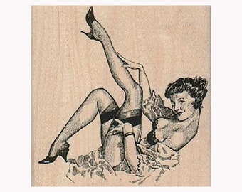 PinUp In Stockings RUBBER STAMP, Pin Up Woman Stamp, Lady Stamp, Glamorous Stamp, Sexy Woman Stamp, High Heels Stamp, Stockings Stamp, Lady