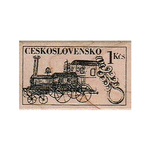 Op de afbeelding: Een vintage Tsjechoslowaakse postzegel met een zwart-witte illustratie van een stoomlocomotief met de tekst "CESKOSLOVENSKO 1 Kcs".