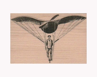 Man In Flying Machine RUBBER STAMP, Victorian Stamp, Flying Stamp, Steampunk Stamp, Steampunk Flying Machine, Lovecraftian Stamp, Mechanical