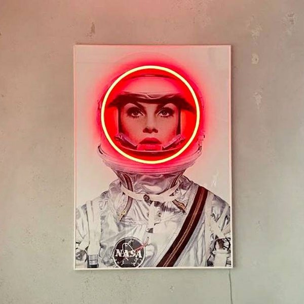 Jean Shrimpton led poster Space lady astronaut poster, neon led vintage poster decoration Harpers Bazaar 1965