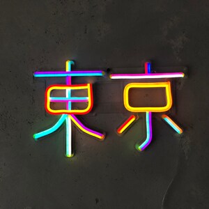 May include: Neon sign with the word "Tokyo" in Japanese characters. The sign is made of multiple colors, including pink, yellow, blue, and white.