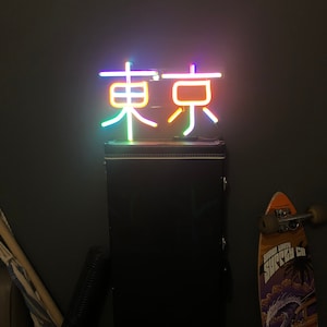May include: A neon sign with the word "Tokyo" in Japanese characters. The sign is lit up in a rainbow of colors and is mounted on a black amplifier case.