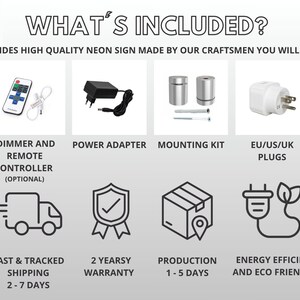 May include: An infographic titled WHAT'S INCLUDED? detailing components for a neon sign: a remote controller, power adapter, mounting kit, and various plugs. Icons represent shipping, a 2-year warranty, production time, and energy efficiency.