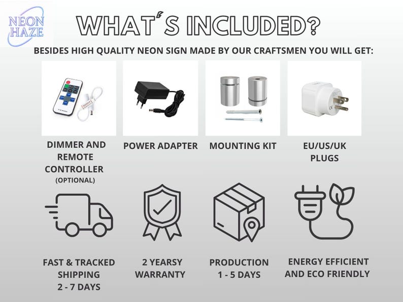 May include: An infographic titled WHAT'S INCLUDED? detailing components for a neon sign: a remote controller, power adapter, mounting kit, and various plugs. Icons represent shipping, a 2-year warranty, production time, and energy efficiency.