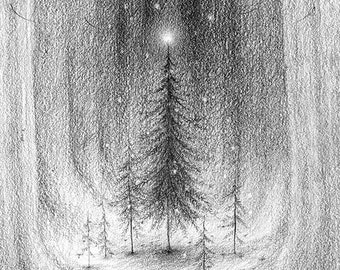 Christmas drawing from Norway | Scandinavian | Illustration | Art | Artprint | Forest | Snow | Landscape | Kerst cadeau | Christmas present