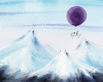Illustration 'Above the mountains' | Illustration | Art | Artprint | Mountains | Norway | Drawing | Water color | Pencil | Kids | balloon