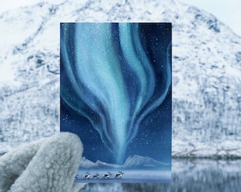 Kerstkaarten uit Noorwegen | Scandinavië | Noorderlicht | Illustratie | Kerst | winter | sneeuw | rendier | aquarel | Waterverf | kaarten