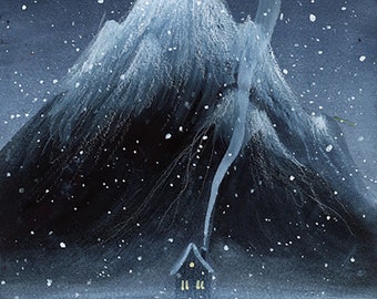 Illustration 'Little Norwegian house in the snow' | Illustration | Art | Artprint | Norway | Water color | mountains | winter | cabin