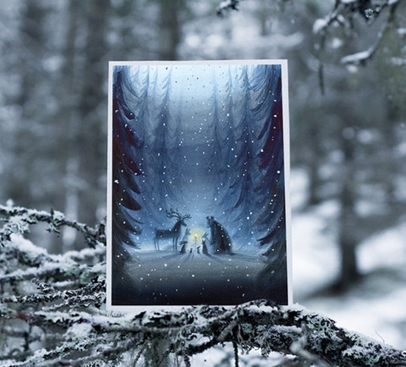 Kerstkaarten uit Noorwegen Scandinavie Illustratie winterdieren Kerst winter sneeuw aquarel Watercolor kaarten image 1