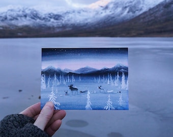 Kerstkaarten uit Noorwegen | Scandinavië | Illustratie | winterdieren | Kerst | winter | sneeuw | aquarel | Waterverf | kaarten