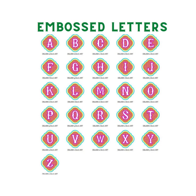 May include: Embossed alphabet letters in a pink, turquoise, and yellow color scheme. Each letter is surrounded by a decorative frame.