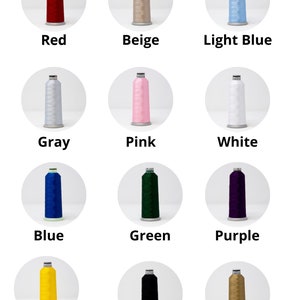 May include: A collection of embroidery thread spools in various colors, including red, beige, light blue, gray, pink, white, blue, green, purple, yellow, black, and brown gold.