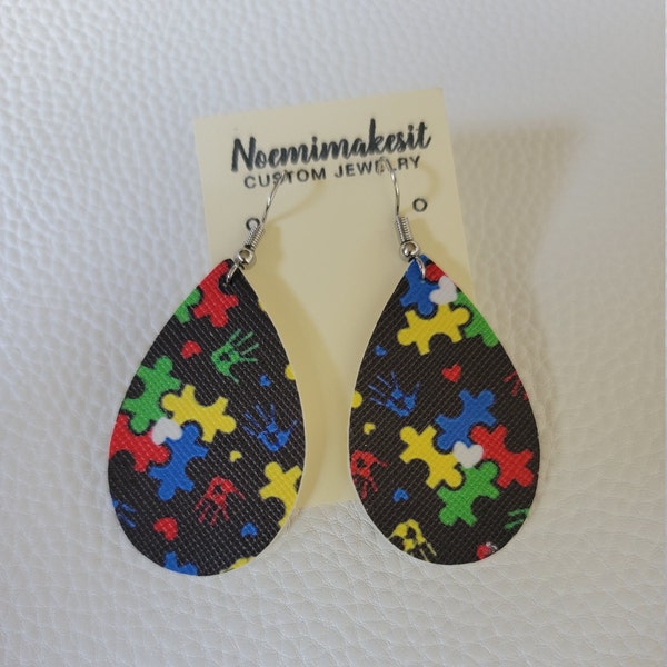 Hamdmade Autism Awareness Teardrop Faux Leather Muilt-Color Earrings