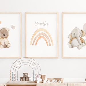 Poster Set Regenbogen Boho | Tiereposter | 3er Set | Poster Kinderzimmer | Elefant | Teddybär | Geschenk Taufe | Geschenk Geburtstag