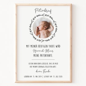 Patenbrief personalisiert mit Foto | Patenurkunde | Patenschaft | Patentante/ Patenonkel | Taufe | Geschenk | ohne Rahmen