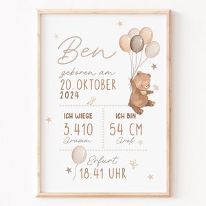 Geburtsposter "Bär Luftballon" | Geburtsdaten Poster Tiere | Meilenstein | Geschenk Geburt | Geburtstafel | Geburtsanzeige | Geburtsgeschenk