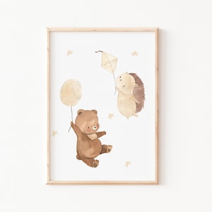 Poster Bär und Igel | Poster boho | Kinderzimmer | Geschenk | Tierposter | Poster für Jungs & Mädchen | Bunte Poster | Poster Bär