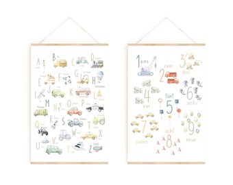 Poster Set ABC + Numbers Boys Transport without Bar | Learning ABC | Children's Room | School Poster | Children's Room Poster | Cars | Excavator
