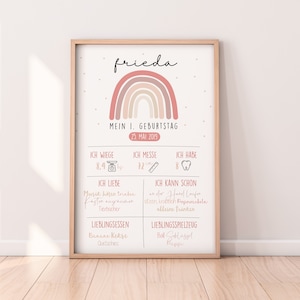 1. Geburtstag Meilensteinkarte "Regenbogen Rosa-Beige" + FREE Karte "Unser Wunder" | Geburtstagstafel Geschenk | Baby | Mädchen