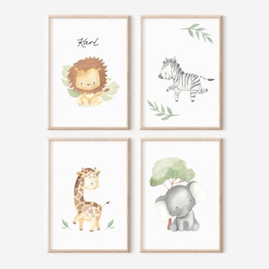 Poster Set Safari Babytiere | Personalisiert | 4er Set | Tier Poster | Kinderzimmer | Safariposter | Safaritiere | Geschenk Taufe | Geschenk