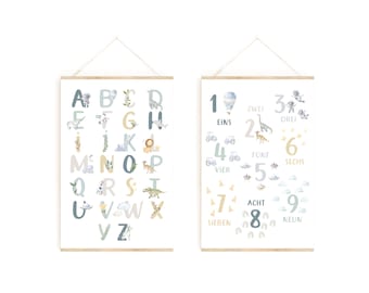 Poster Set ABC + Numbers Boys without bar | Learning numbers | Learning the ABC | School poster | School gift | Nursery poster | Dinosaurs