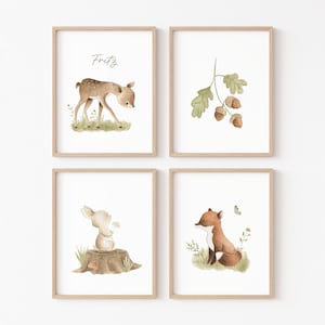 Poster Set Waldtiere | Personalisiert | 4er Set | Tier Poster | Kinderzimmer | Fuchs Poster | Reh Poster | Bär | Geschenk Taufe | Geschenk