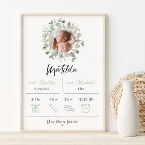 Geburtsposter "Eukalyptus mit Foto 1" | Geburtsdaten | Meilenstein | personalisiertes Geschenk zur Geburt | Taufe | Geburtstag