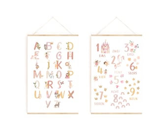 Poster Set ABC + Numbers Girls without Bar | Learn Numbers | Learn ABC | School Poster | School Gift | Nursery Poster