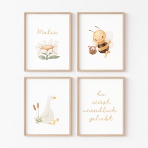 Poster Set Biene & Gans | Gänseblümchen | Gans | Biene | 4er Set | Tier Poster | Kinderzimmer | Poster Spruch | Geschenk Taufe | Geschenk