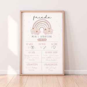 1. Geburtstag Meilensteinkarte "Regenbogen Pastell" + FREE Karte "Unser Wunder" | Geburtstagstafel Geschenk | Baby | Mädchen