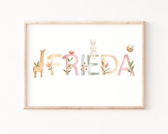 Custom name poster | Name poster | Name plate | Children's room | Animal poster | Custom gift | Without frame