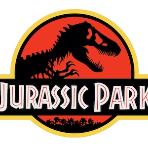 May include: A black and white Jurassic Park logo with a dinosaur skeleton silhouette on a red circle with a yellow border. The text "Jurassic Park" is in white with a black outline.