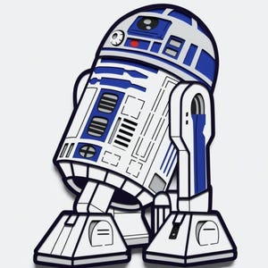 Peut inclure: Une illustration de dessin animé de R2-D2, un robot du film Star Wars, en blanc et bleu. Le robot est debout, les jambes écartées et les bras tendus.