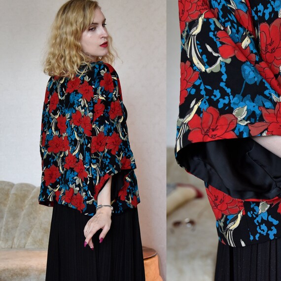 Vintage Red Kimono, Floral Kimono, Vintage Kimono
