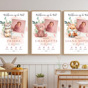 Mädchen Geburtstafel mit Foto | 10 Motive | Aquarell Tiere | Geburtsbild | Personalisierbar | Geburtsdaten Poster | Geburtsposter