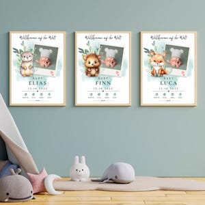 Jungen Geburtstafel mit Foto | 10 Motive | Aquarell Tiere | Geburtsbild | Personalisierbar | Geburtsdaten Poster | Geburtsposter
