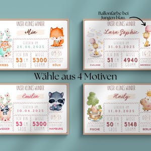 Boho Geburtstafel| 4 Tiermotive | Geburtsbild | Personalisierte Geburtstafel | Geburtsdaten Poster | Geburtsposter