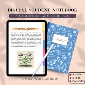 Könnte beinhalten: Digitales Studenten-Notizbuch mit einem blauen Blumenmuster auf dem Einband und einer Seite mit einem Diagramm der Photosynthese. Das Notizbuch hat 6 Registerkarten und gepunktetes Papier. Der Text auf der Seite lautet "Die Wunder der Photosynthese: Die Energiefabrik der Natur".