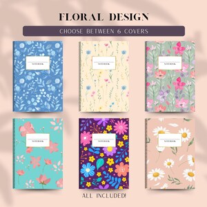 Könnte beinhalten: Sechs verschiedene Notizbuchcover mit floralen Mustern auf weißem Hintergrund. Jedes Cover hat ein weißes Rechteck mit dem Wort "NOTEBOOK" darauf gedruckt. Die floralen Muster sind in verschiedenen Farben gehalten: Blau, Rosa, Gelb, Grün und Lila.