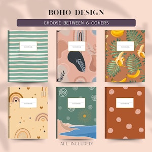 Könnte beinhalten: Sechs verschiedene Notizbuch-Cover-Designs im Boho-Stil. Die Cover zeigen verschiedene Muster, darunter Streifen, Regenbögen, abstrakte Formen, Früchte und Kreise. Der Text "BOHO DESIGN" und "CHOOSE BETWEEN 6 COVERS" befindet sich oben im Bild. Der Text "ALL INCLUDED!" befindet sich unten im Bild.
